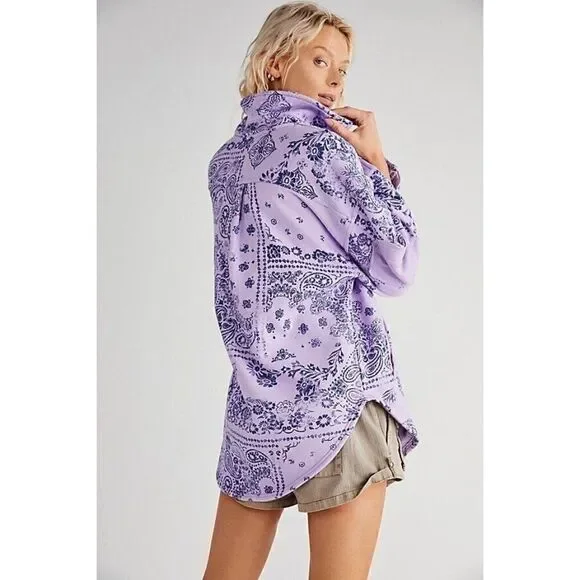 NEW FREE PEOPLE RUBY WEST COAST JACKET BANDANA PRINTED SHACKET LILAC - Picture 2 of 5